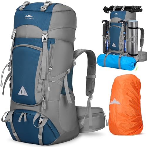 IGOLUMON Mochila de Senderismo de 60L Impermeable Mochila Trekking Montaña con cubierta de lluvia Mochilas de Marcha Deporte para Camping Viajes Excursione Hombre Mujer，Azul