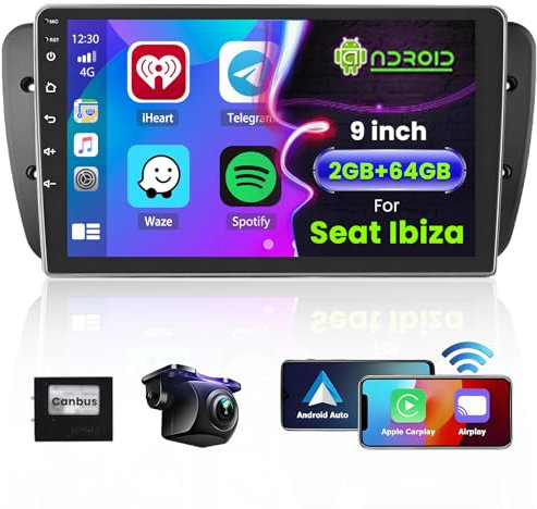 Hikity 2G+64G Android Autoradio per Seat Ibiza 2009-2013 con Wireless Carplay Android Auto 9Pollici Car Radio Stereo con GPS Navi WiFi DSP FM RDS Bluetooth Telecamera Posteriore MIC Mirror Link