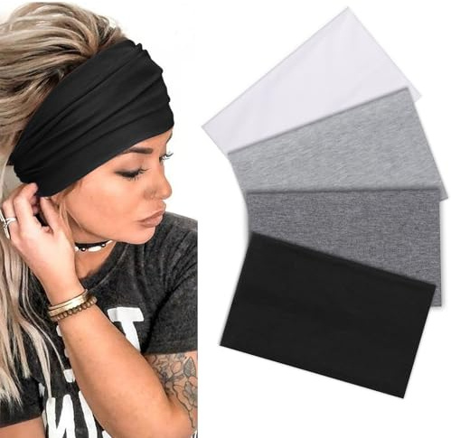 DRESHOW Bandeau Cheveux Femme Sport Large pour Yoga Élastique Bandeau de Cheveux Antidérapant Bandeaux de Sports Running Exercice Serre Tête pour Filles 4 Pièces