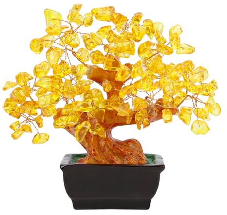 NUKAYAI Citrine Crystal Yellow Money Tree for Office Home Room Desk Decor Positive Energy Meditation Feng Shui Crystals Healing Stones Bonsai Trees Luck and Wealth Birthday Gifts for Women