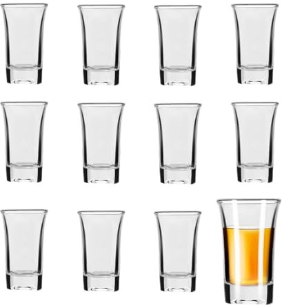 ASOPFYUM Vasos de chupito, 12 vasos de chupito de 5 cl / 50 ml, vasos de licor de base gruesa, accesorios para fiestas, pequeños vasos de chupito, divertido para reuniones de vacaciones, bares
