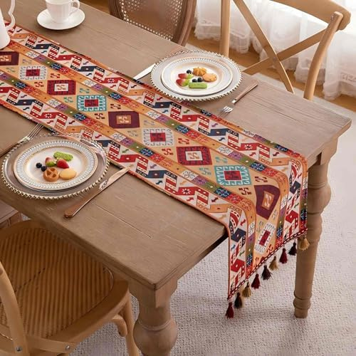 Clothfuna Camino de mesa de estilo bohemio para comedor, caminos de mesa de lino naranja para café, camino de mesa étnico indio con borlas para mesa, aparador, fiesta, vacaciones, exterior, 33x140 cm