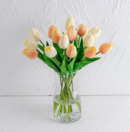 Tulips Artificial Flowers with Vase, 15 Pcs Faux Tulip Stems in Vase, Real Feel PU Flowers Arrangement Suitable for Kitchen Living Office Spring Decor, Centerpiece Table Decorations-Champagne Color