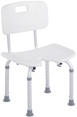 HOMCOM Sedia Doccia Regolabile su 8 Livelli con Fori di Drenaggio e Seduta a U, Sedia da Doccia in Alluminio e PE, 48x42x71-83.5 cm, Bianco e Argento