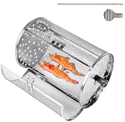 Cestello girevole per griglia: griglia girevole in acciaio inox, robusto cestino per ali di pollo, griglia avvolgibile in acciaio inox, accessori per verdure e barbecue