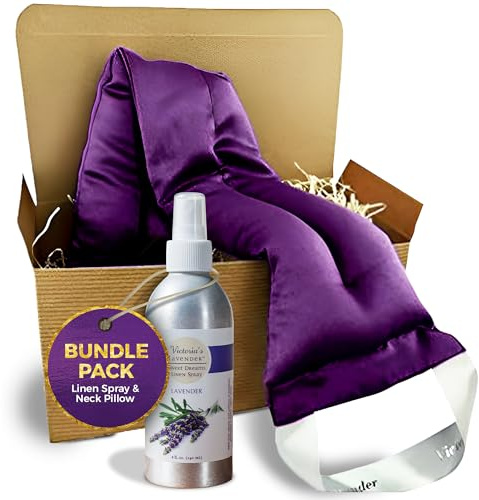 Victoria's Lavender Microwavable Aromatherapy Neck Wrap with Lavender Buds and Flax Seed - Includes Soothing Lavender Pillow & Linen Spray (8 oz) - Ideal Relaxation Gift Experience - Made in The USA