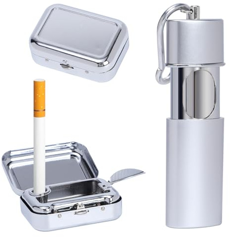 Pocket Ashtray, Odour-Proof Travel with Hook, Mini posacenere tascabile inodore per affumicatori, posacenere portatile da viaggio, resistente al calore, 2 pezzi (argento + argento)