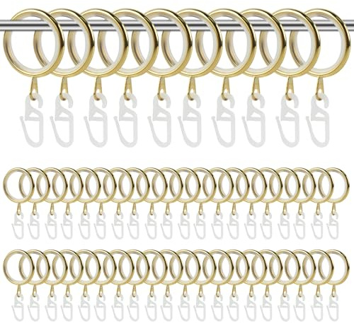 Dzmuero Anillas para Cortinas, 50 Piezas Argollas para Cortinas Metal con Ganchos y Anillo Silencioso, Diámetro Interior de 27 mm, Ganchos Cortinas para la Mayoría de Las Barras de Cortina (Oro)