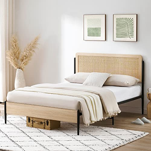 GAOMON Full Metal Bed Frame with Curved Rattan Headboard and Wooden Footboard,Modern Platform Bed Frame with Underbed Storage Space,Noiseless,No Spring Box Needed, Oak