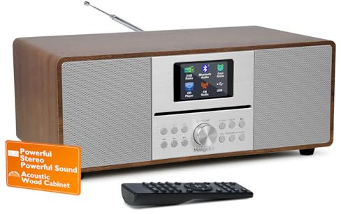 MangoKit MS4+ CD Player DAB Radio Hifi System I Bluetooth I Powerful Stereo System I Digital Radio DAB+I Acoustic Wood Cabinet ICD Player With Speakers I40 Presets, Headphone Jack I Walnut Finish