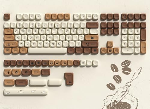 dagaladoo PBT Keyboard Keycaps, White/Brown MOA keycaps，Coffee Cat | Dye Sublimation custom Key caps,Cute keycaps for Cherry Gateron MX Switches Mechanical Keyboards,134keys