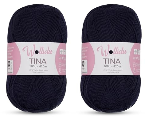 Wollidu Tina 4-Ply Sock Yarn Set of 2 - 75% Wool 25% Polyamide - 100g/420m - Needle Size 2-3mm - Plain Sock Wool - Colour Navy Blue