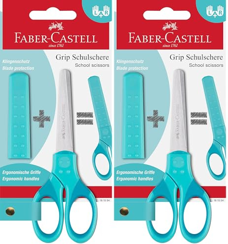 FABER-CASTELL 181554 - Ciseaux scolaires turquoise, avec protection des lames et zone de préhension souple, ciseaux pour enfants (Lot de 2)