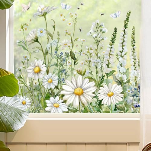 Window Stickers Static Cling Window Film– Reusable Stain Glass Spring Window Decals, Removable Decorative Window Clings for Glass Door Patio Café Shop Mall Home, Festival Decoration,White Daisy