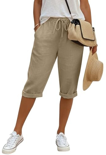 Pantaloni Lino Donna 3/4 Curvy Pantaloncini Donna Estivi In Cotone E Lino Leggeri Vita Alta Con Coulisse Ed Elastico Shorts Bermuda Larghi Eleganti Con Tasche Casual Per Spiaggia Sport E Tempo Libero