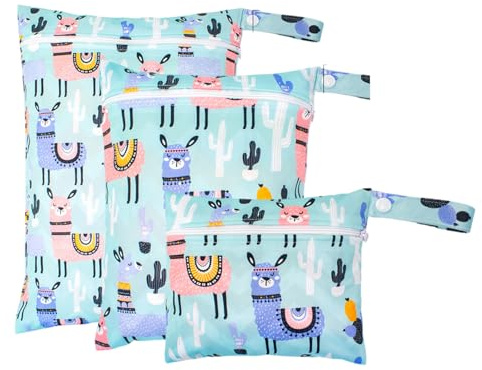 Tapufitil Set di 3 Borse Umide con Motivo Alpaca, Borsa Impermeabile per Pannolini & Artioli Umidi per Bambini & Asilo, Borsa Umida Portatile da Viaggio con Design Dolce Alpaca