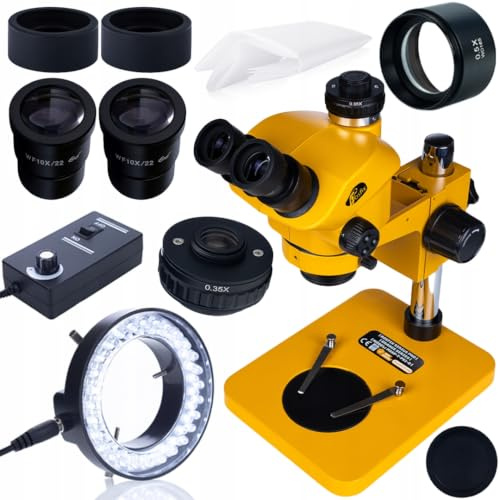 Stereomikroskop Trinokulär zoom 7–50 x orange PRO modell Sirius Pro MSSP-T-PS1-O – Greenough Optik, 102 mm arbetsavstånd, LED-ringljus 56 x dimmer, WF10x/22 okular, C-Mount kameraanslutning,