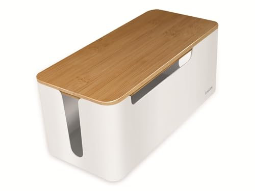 LogiLink KAB0075 - Kabelbox mittel (320x140x130 mm), weiß mit Bambus-Deckel