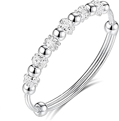 cxwind 925 Sterling Silver Bead Spinner Bangle Bracelet Women Girls Anxiety Freely Unzip Tools Open Adjustable Inspirations Jewelry Gift (03)