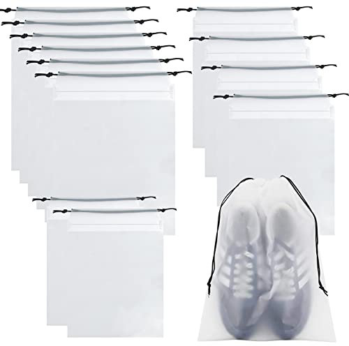 Transparente Schuhsäcke, 12 Stück Große Wasserfeste Schuhbeutel,Staubdicht Schuhsack mit Zugband, Reise Aufbewahrungsbeutel für Männer und Frauen den täglichen und Reisegebrauch (3 Größen)