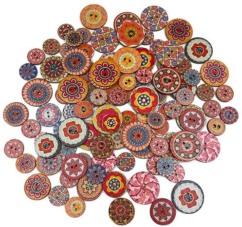 JOCXZI 100 Stücke Retro holzknöpfe-20mm Vintage Knöpfe Bunt Knöpfe aus Holz Kinderknöpfe Blumen Puppenknöpfe Gemischte Multicolor Runde Holzknöpfe mit 2 Löcher zum Basteln, Nähen