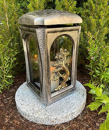 Lanterne funéraire argentée avec motif arbre - Bougie funéraire - 27 cm de hauteur - Décoration funéraire - Modèle sans socle