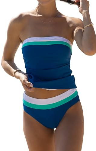 Beachsissi Conjunto de tankini para mujer con control de abdomen, color sólido, sin tirantes, color, azul, M