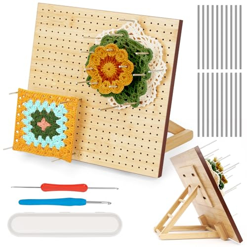 UHAPEER Planche de blocage du crochet, planche de blocage en bambou de 29,5 cm pour tricoter au crochet et carrés de grand-mère, tricotée à la main avec 20 épingles en acier inoxydable et kit de