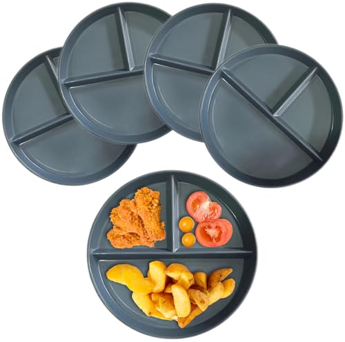 NOZVYCI Plato llano dividido irrompible de 23 cm, con 3 compartimentos, apto para microondas y lavavajillas, platos familiares separados (gris oscuro)