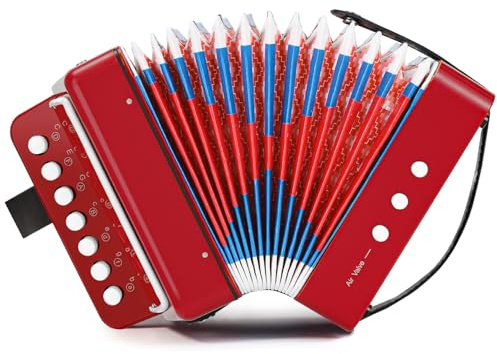 Acordeon Niño, Acordeón Infantil de 10 Teclas con Correas, Instrumento Musical de Acordeón Regalo para Principiantes, Instrumento Musical Acordeón para Niños de Más de 3 Años, Rojo