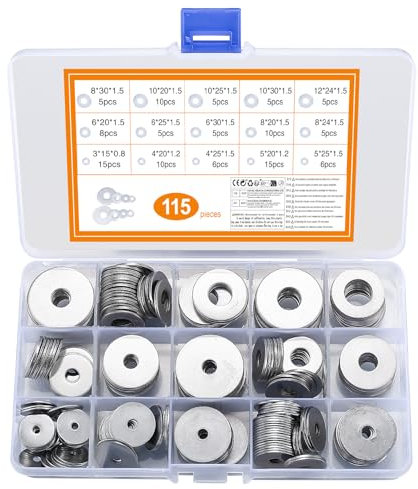 115 Pièces Rondelles Plates Larges, Rondelles en Acier Inoxydable, Rondelle étanchéité Ronde Fixation Meuble pour Vis Boulons, Ensembles d'Outils à Main, M3/M4/M5/M6/M8/M10/M12 (115Argent)