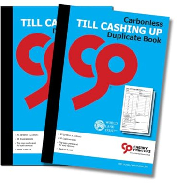Körsbär | Karbonlöst NCR Till Cashing Up Duplicate Book | A5 Storlek | 50 uppsättningar | perforerad toppkopia | Sydd & Bunden | Miljövänligt kolbalanserat papper | 2-pack