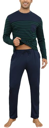 Aseniza Pyjama Homme Hiver Ensembles de Pyjama Coton à Chauds Manches Longues Col Rond Rayé Vêtements De Nuit Tenues de Nuit Vêtements de Détente Doux Loungewear Confortable
