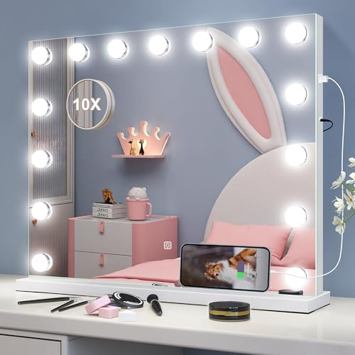 S'bagno Espejo-Maquillaje-con-Luz 58x46cm, Hollywood-Espejo-Tocador-LED con Aumento 10X, Puerto USB, 15 Bombillas 3 Colores, Atenuación, Memoria, Soporta Montaje en Pared, Blanco