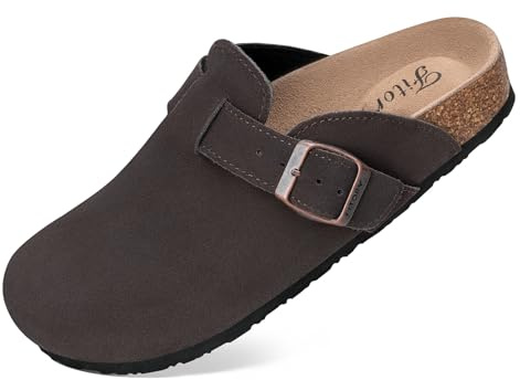 FITORY Womens Clogs Slip-on Potato Shoes Leather Mules with Suede Cork Footbed Mocha Size 5