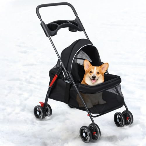 kamulouk Dog Pram with 4 Wheels, Dog Stroller for Outdoor Travel, Pet Stroller with Folding Function and Cup Holder, Cats Dogs Pushchair, Breathable and Visible Mesh for Medium Small Dogs Black