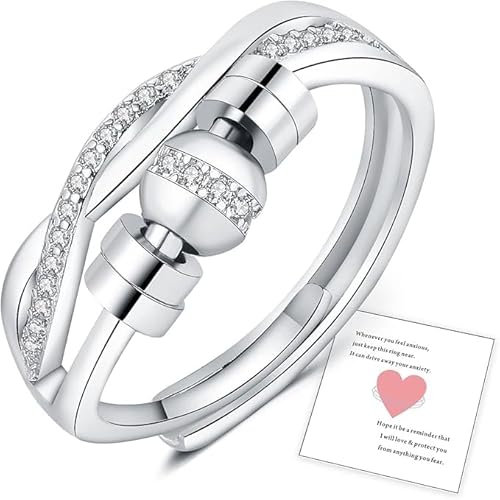 HEEYA Anxiety Ring für Damen Silber 925 Angst Ring mit Zirkonia Offen Verstellbar Anti Stress Ringe mit Perlen Spinner Fidget Ringe Frauen Hypoallergen Stimmungsring gegen Stress Unisex