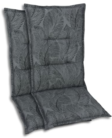GO-DE Textil Bequeme und attraktive Polsterauflagen für Hochlehner-Gartenstühle (2er-Set, Blattmotiv groß anthrazit, Hochlehner)