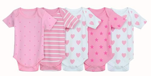 IMFAA Baby Bodysuits – Unisex Short Sleeve 100% Cotton Vests – Pack of 5 – Soft & Breathable Fabric – Easy Change Snap Closures – Newborn to 24 M (Col-14 Pack-5, 6-9 M)