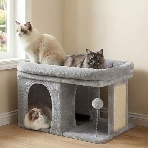 Heybly Rascador para Gatos, Árbol para Gatos de 35 cm con Amplia Plataforma y Acogedora Casita, Adecuado para Gatos Adultos, con Tablero de Sisal y Pelota de Felpa, Gris Claro HCT203SW