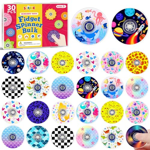 SCIONE 30 st fidgetsnurror, barn, födelsedagspresent, 15 motiv, rymdsjöjungfru akryl minisnurra, sensorisk leksak för överraskningsväska, skolbelöning, 3,8 cm