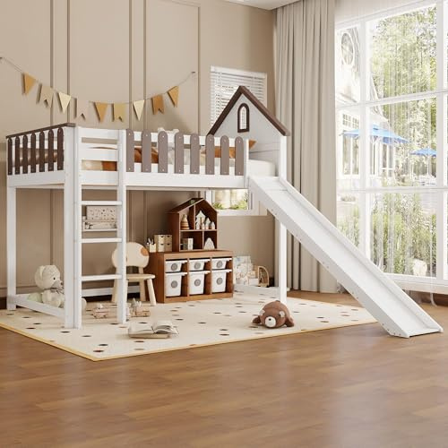 Merax Hochbett Kinderbett 90x200cm, Etagenbett mit Kinderrutsche & Sicherheitstreppe, Stockbett mit Rausfallschutz & Lattenrost, Spielbett mit Dach & Fenster, Jugendbett Funktionsbett, Weiß & Walnuss