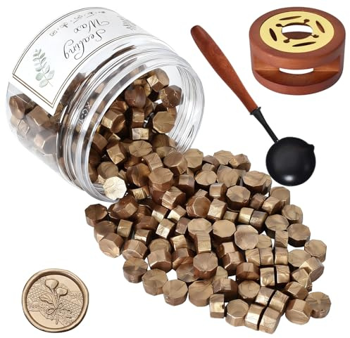 Kit Sellador de Cera, Cuentas de Cera para Sellar, 200 Piezas Perlas de Sealing Wax con Calentador y Cuchara, Bricolaje para Sellar Sellos, Cartas, Sobres, Invitaciones, Tarjetas (Bronce Antiguo)