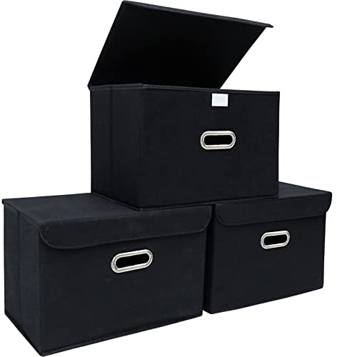 STOREONE Fabric Storage Cube Bins Foldable Organizer Container Collapsible Basket with Lids and Metal Handles, for Home, Bedroom, Closet (Black, 3 Pcs)