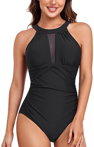 Vevarble Swimming Costume Women Mesh Inset Slimming One Piece Swimsuit Tummy Control Swimwear Beach Bathing Suit B-XL