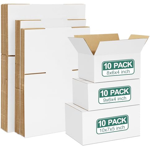 Eupako 30 Pack Small Shipping Boxes Assorted Sizes, 8x6x4 & 9x6x4 & 10x7x5 10 PCS Each Small Boxes, White Corrugated Box Mailers, Cardboard Boxes for Packaging Small Business, Mailing