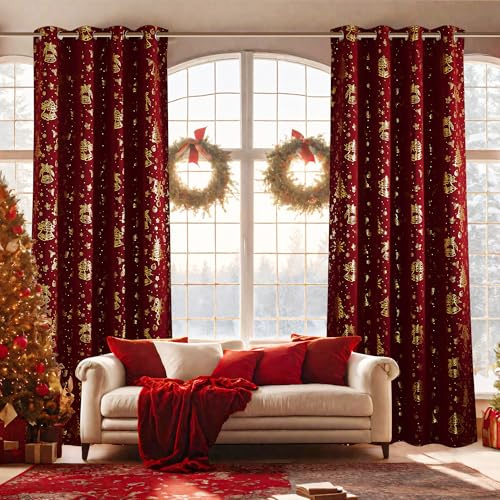 NICETOWN Blackout Curtains 84 inch Length 2 Panels Set, Noise Reducing Thermal Insulated Christmas Decor Foil Print Design Blackout Curtains for Patio Sliding Glass Door (Christmas Red, 52-inch Width)