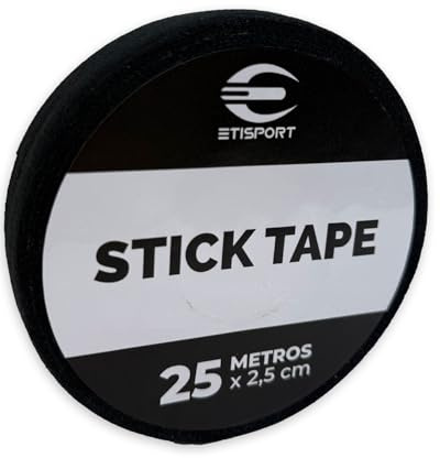 ETISPORT Pack 2 Tape Negro Antideslizante 25 m x 2,5 cm. Grip Profesional para Stick de Hockey Patines, Hockey Hielo, Golf, Raquetas. Algodón/Poliéster con Adhesivo de Caucho Natural