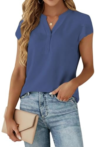 Cuptacc Chemise Femme Col en V Blouse Chic Élégant Manche Courte Haut Ete | Ete,Chiffon,Élégant,Mode,Casual,Manches Bouffantes,Boutons,Couleur Unie,Fleurs,Business,Basique