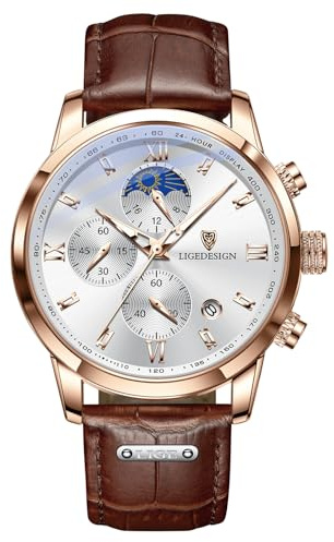 LIGE Montre Homme Etanche Cuir Montres Hommes Rétro Élégante Analogique à Quartz Chronographe Date Phase de Lune Aiguilles Luminescentes Vintage Waterproof Mens Watches,Or et Blanc